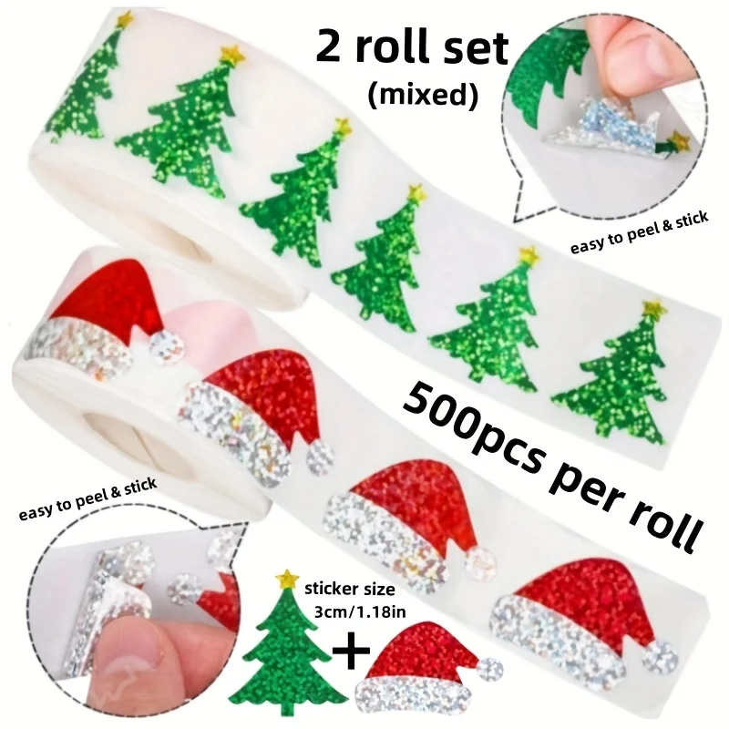 1000 Blatt/2 Rollen gemischte Weihnachtsaufkleberrolle, lasergrüner Weihnachtsbaum plus rote Weihnachtsmütze, selbstklebende Aufkleberrolle