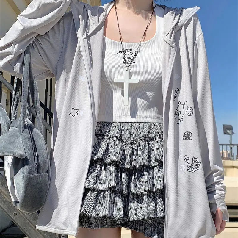 Japanese Fashion Summer Zipper Long Sleeve Cardigan Y2k Aesthetic Cartoon Print All Match Loose Sun Protecrtion Casual Clothes