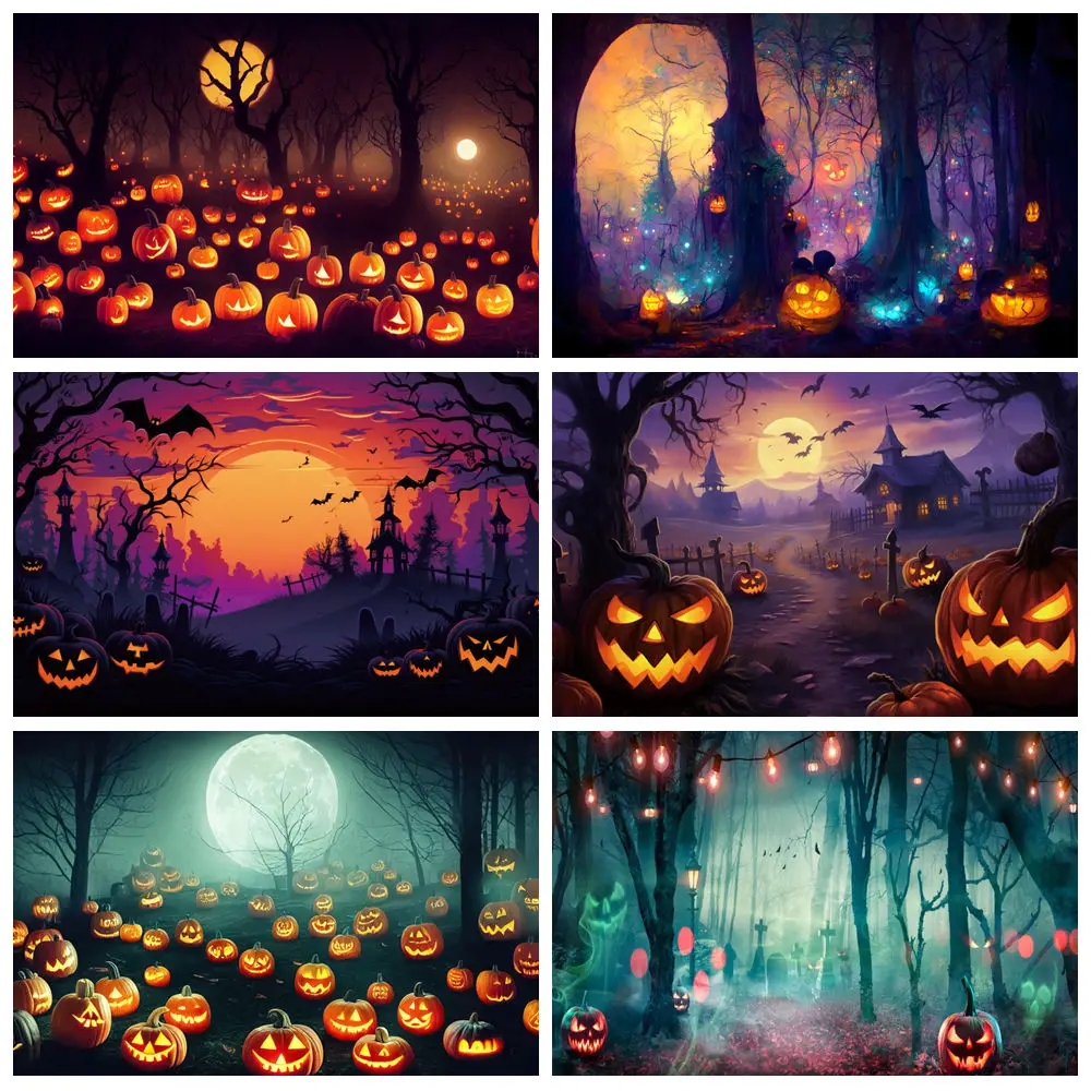 Fondo de bosque de Halloween, fotografía de Horror, Luna, noche, calabaza, terrorífica, bosque brumoso, fiesta del Día de Todos los Santos, Fondo de estudio fotográfico