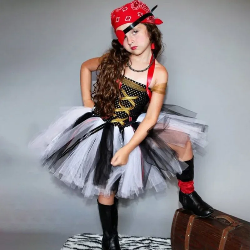Conjunto de vestido tutú pirata para niñas, corpiño de malla de rejilla, encaje dorado cruzado, falda de tul en blanco y negro para niños, traje de cosplay de Halloween