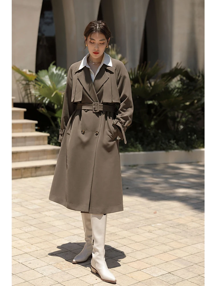 DUSHU Temperament Windbreaker Mid-length Jacket Woman Clothes Long Coat Women Coffee Trench Blue Vintage Women Clothes Coats