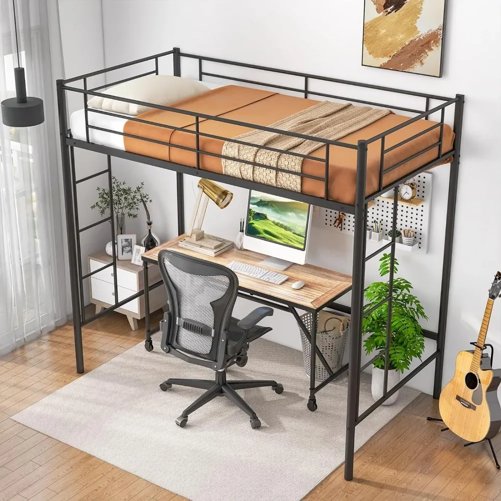 Metal Loft Bed Frame com escadas duplas e Guardrail de segurança, cama tamanho Twin, Heavy Duty, preto, sem Box Spring necessário