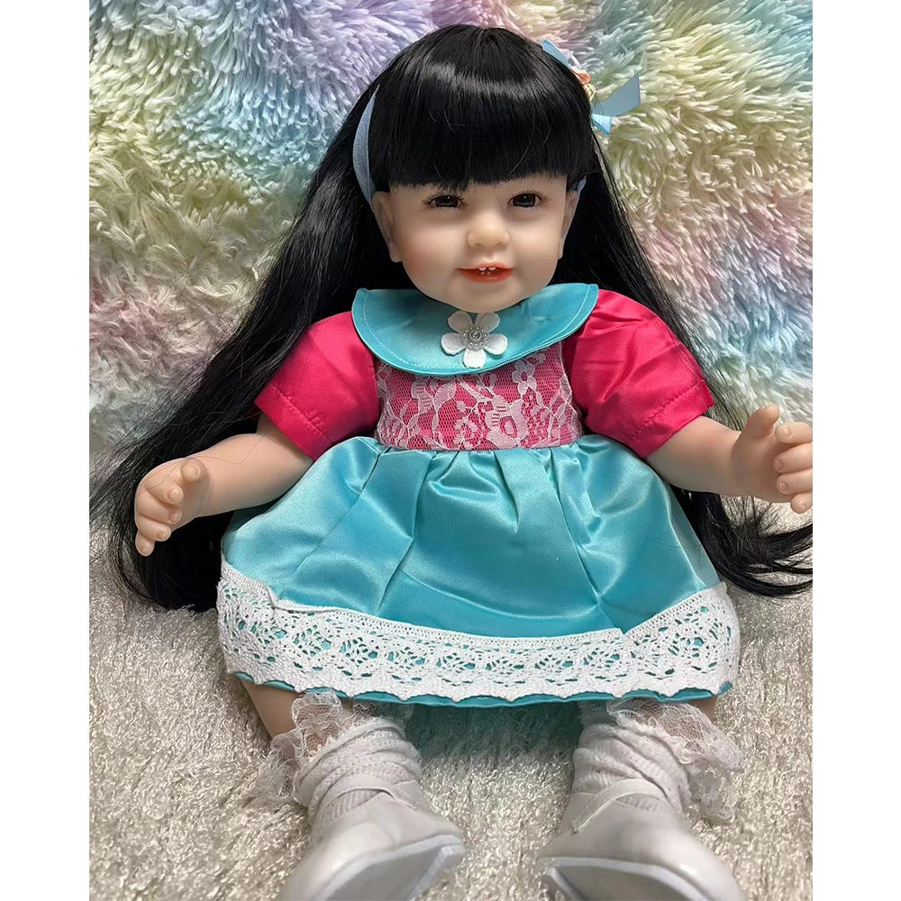 Cute Smiling Reborn Baby Dolls 55 CM Long Hair Silicone Bebe Reborn Toys Cloth Body Birthday Xmas Gift To Child Surprise