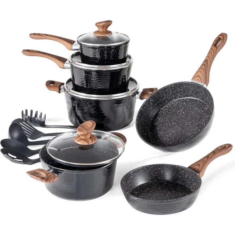 

Pots and Pans Set Non Stick, 15 Pcs Healthy Non Toxic Hammered Cookware Set, Black Granite Induction Kitchen Cooking Sets