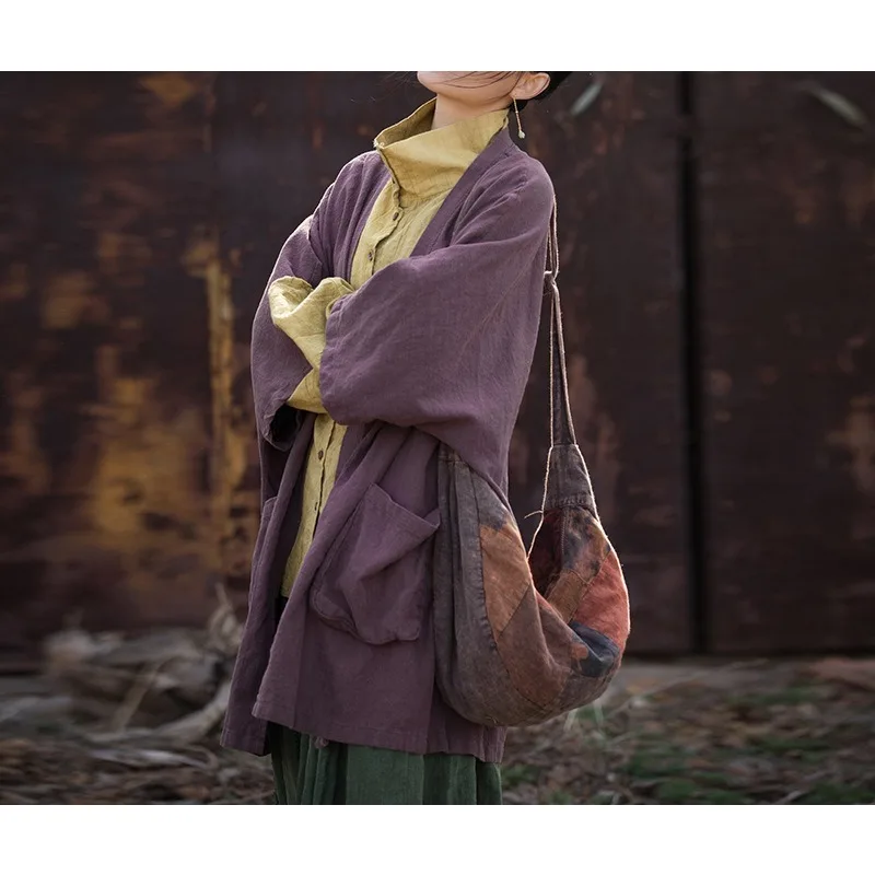 

Autumn Winter Cotton-Blend Dyed Original Robe-Style Coat Loose-Fit Mid-Length Cardigan Lazy Boho-Chic Women's Top