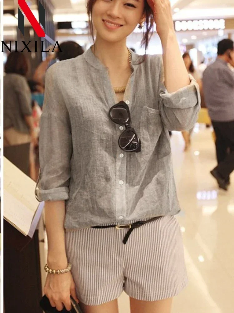 ฤดูร้อนผู้หญิงเสื้อแขนยาวลําลองผ้าฝ้ายผ้าลินินเสื้อขนาดใหญ่เสื้อ Basic หญิงเสื้อผ้า