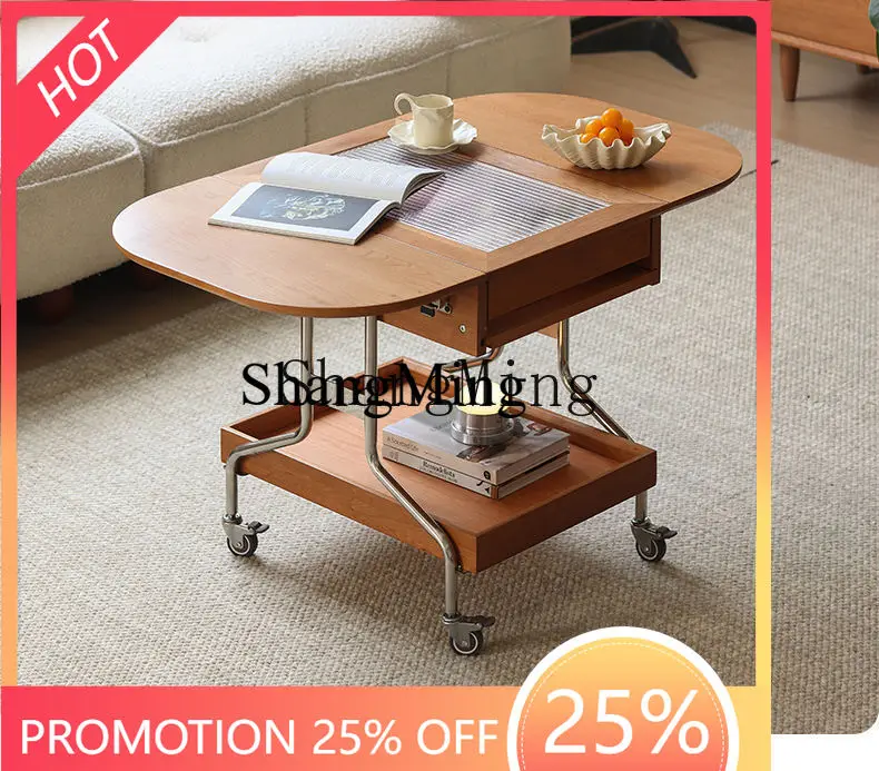 

FG solid wood folding coffee table small apartment movable cart cherry wood living room sofa side table