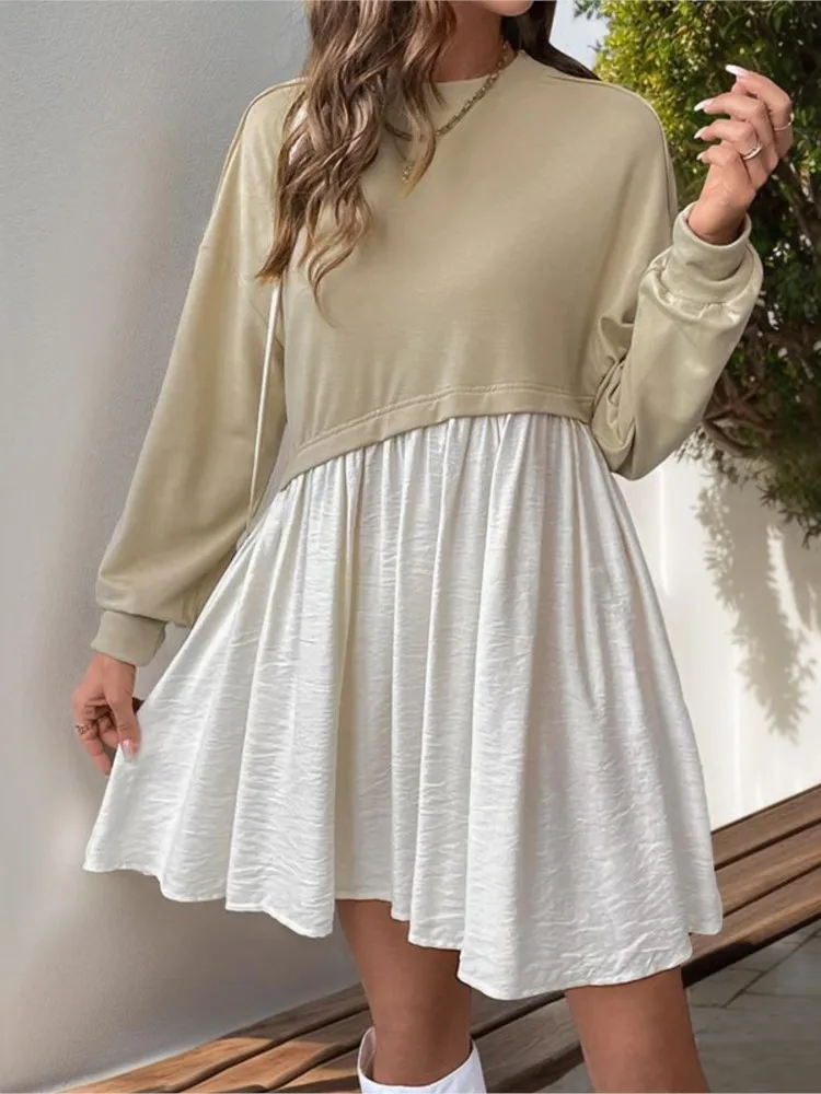 Women's Sweatshirt Dress New Fashion Fall Midi Dress Patchwork Pullover Long Sleeve O-neck Pleated Dresses For Women Clothing