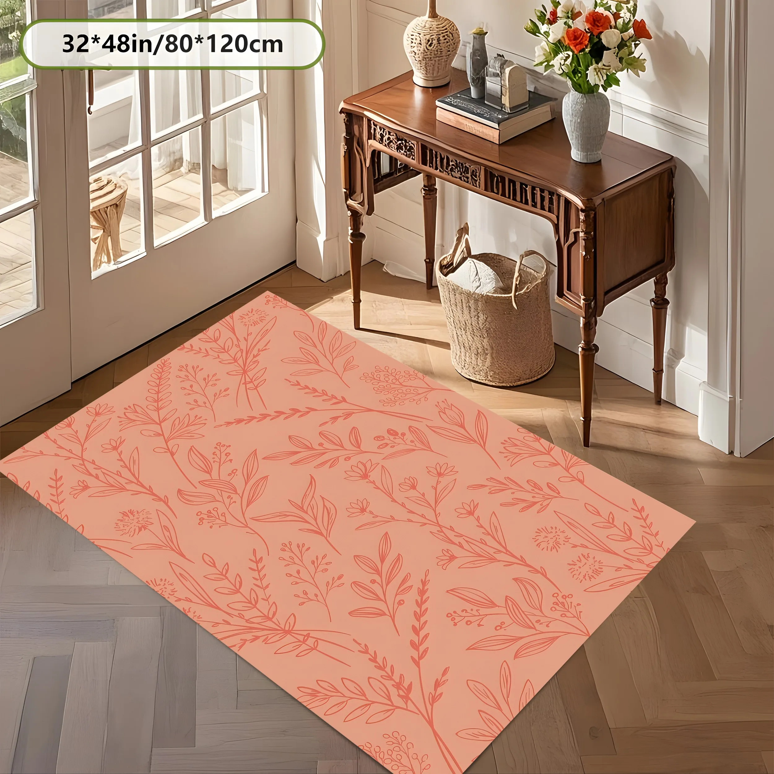 Warm Pink Line Art Floral Leaf Rug, Gentle Soft Carpet for Living Room Bedroom, Home Decor