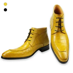 Tênis de couro de vaca genuíno masculino, estampe pele de crocodilo, sapatos com renda estilo botas sólidas, preto, amarelo, tamanho grande 48