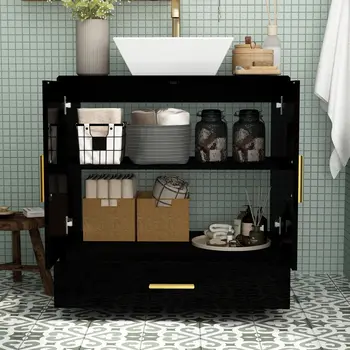 30인치 흑백 벽걸이형 욕실 세면대 수납장 (서랍 2개 및 은색 보트 모양 유리 세면대 포함) 8 best sales 욕실 세면대 수납장 - №7