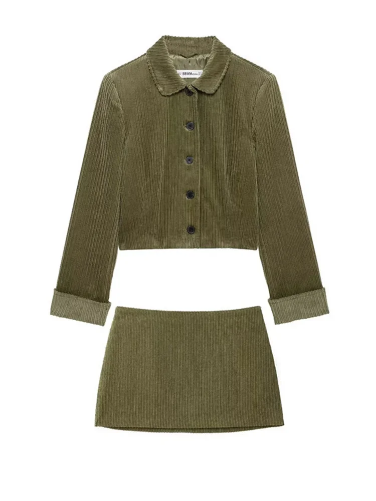 

Autumn Elegant 2 Piece-Set Skirt Women's Ribbed Lapel Long Sleeve Loose Commute jacket Outfits Female Mini Skirt Sets New