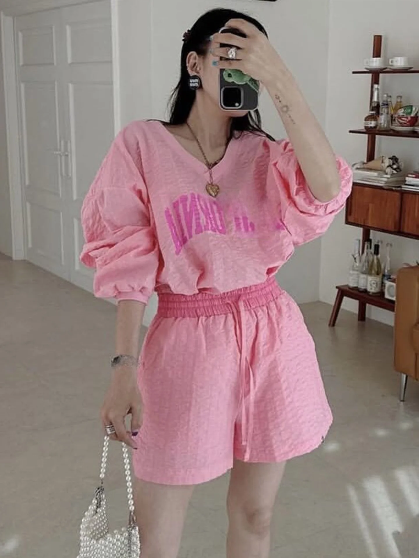 Casual Texture Sensation Women's Set High Waist Short Pants Two-Piece Suit Letter Print Early Autumn Slimming Effectiveness