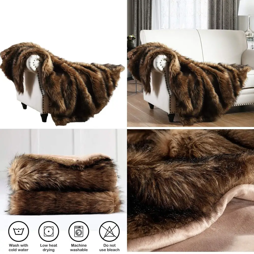 

Elegant Brown Faux Fur Throw with Black Tips, Plush and Warm, 50x60 inches, Ideal for Sofas, Chairs, and Beds