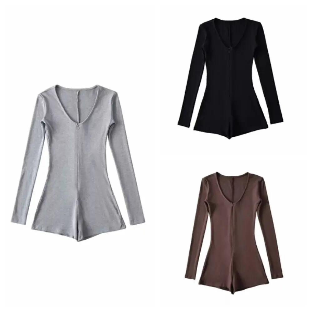 Moda bodycon y2k magro bodysuit zíper sem costura manga comprida macacão roupas de yoga com decote em v macacão shorts feminino senhora