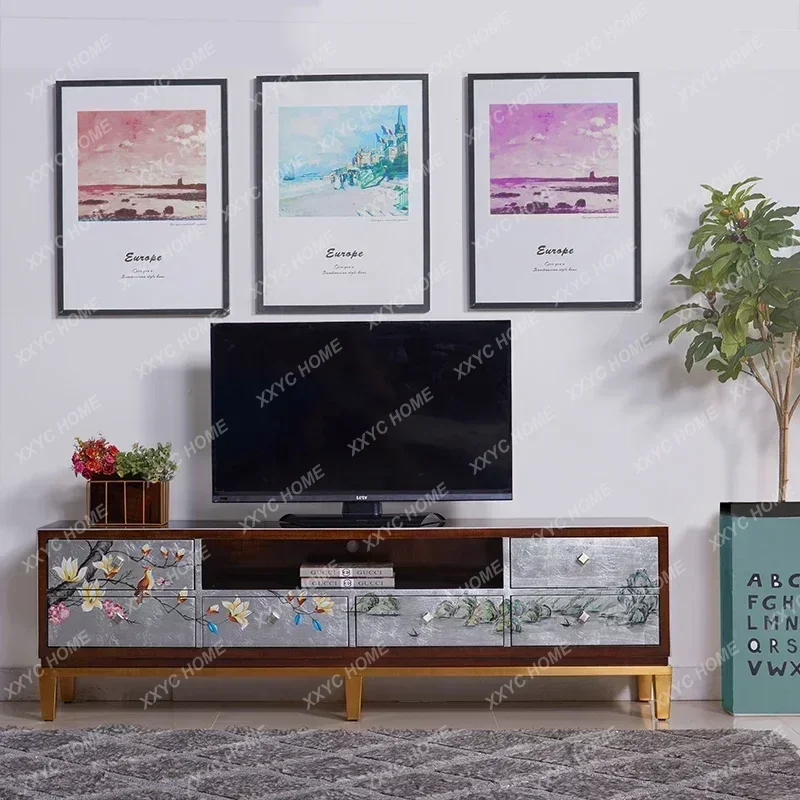 

XZNew arrive Solid wood TV cabinet painted flowers and birds simple living room stainless steel light luxury coffee table cabine