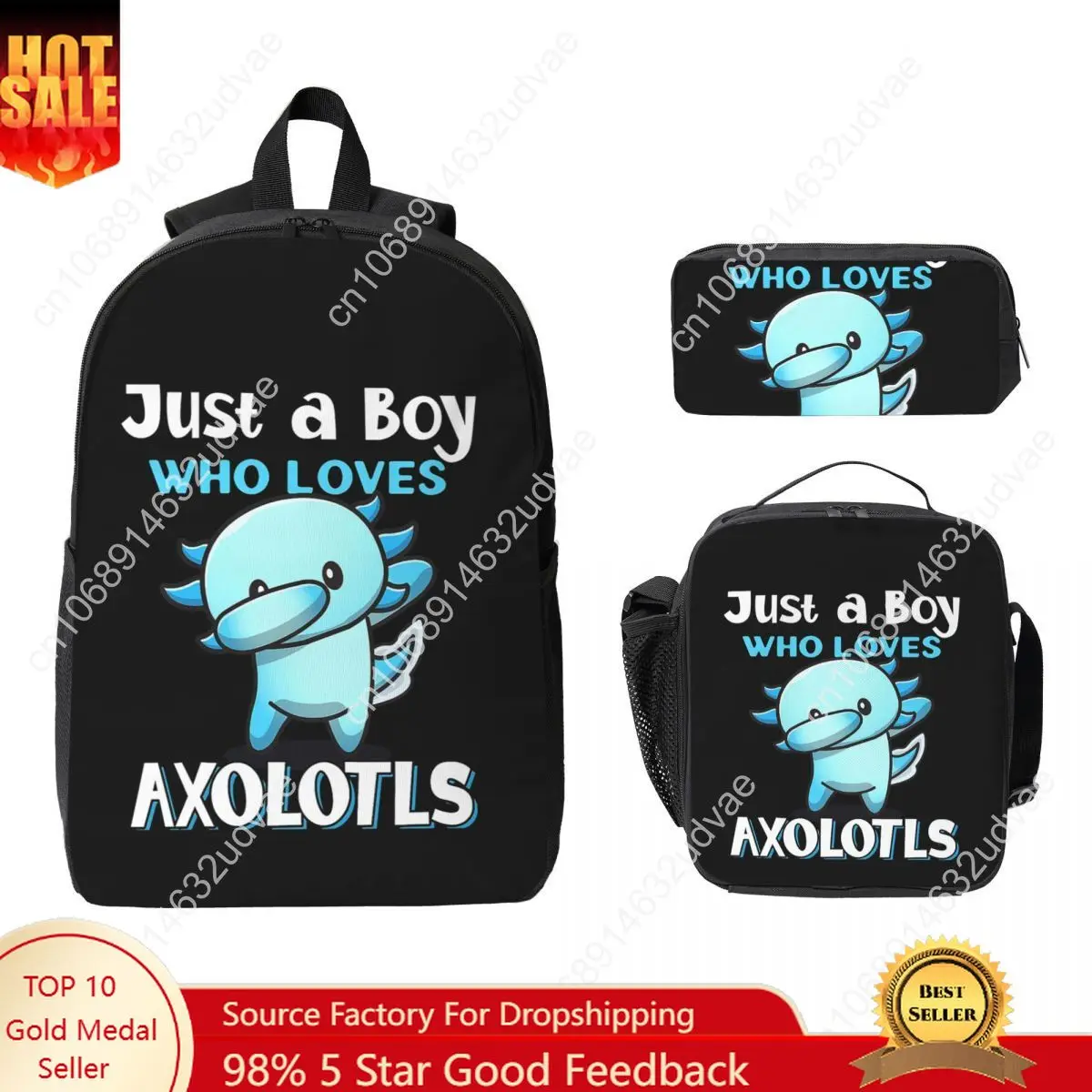 

Just A Boy Who Loves Axolotls Backpack Student Boys Girls BookBag School Bag Shoulder Bags 3ps Insulated Lunch Bag Pencil Case