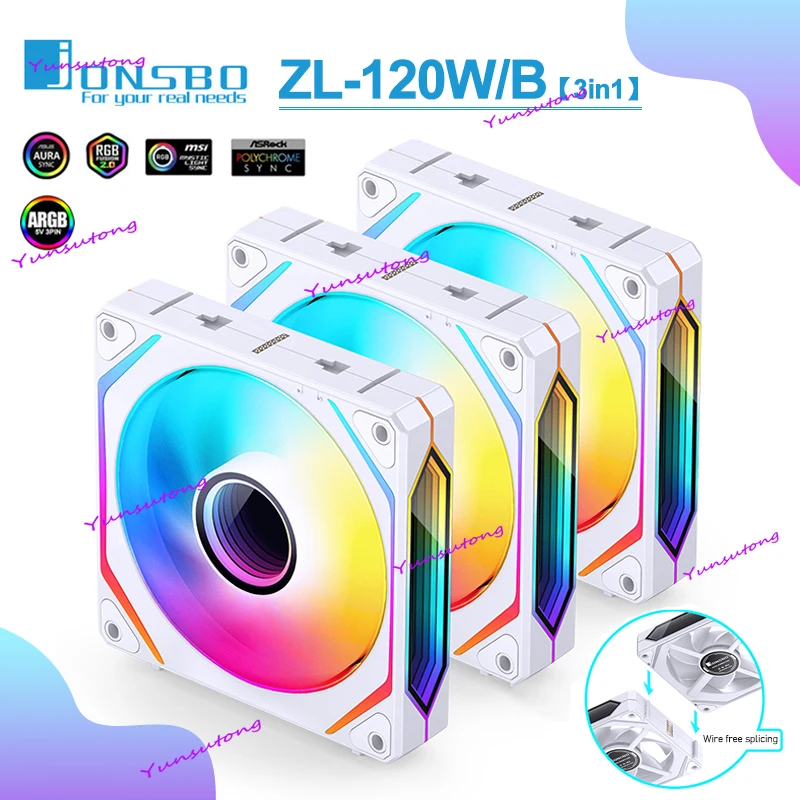 

Jonsbo ZL-120W Корпусный вентилятор ARGB 120 мм Вентилятор охлаждения процессора 4-контактный ШИМ-контроль температуры ZL-120BR Вентиляторы корпуса компьютера вперед/назад