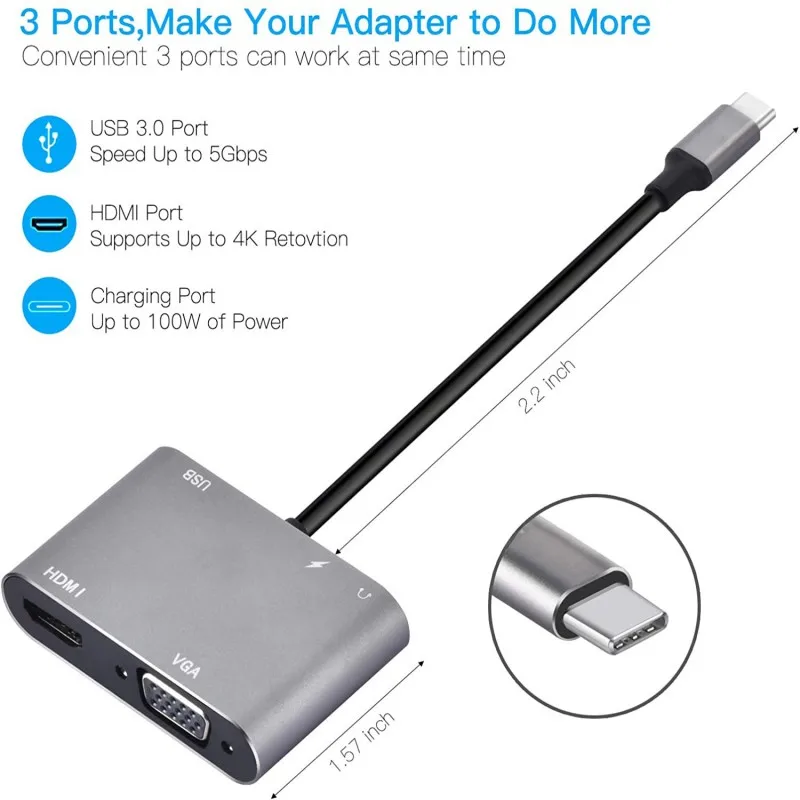 5-in-1 타입 C 어댑터 허브 (HDTV VGA USB 3.0 디지털 AV 멀티포트 어댑터, 타입-C PD 충전 포트 포함)