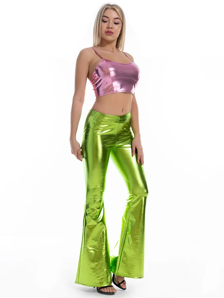 GACVGA Shiny Crop Top And Wide Leg Pants Hippie Club Party Trousers Streetwear Skinny Two Piece Matching Set