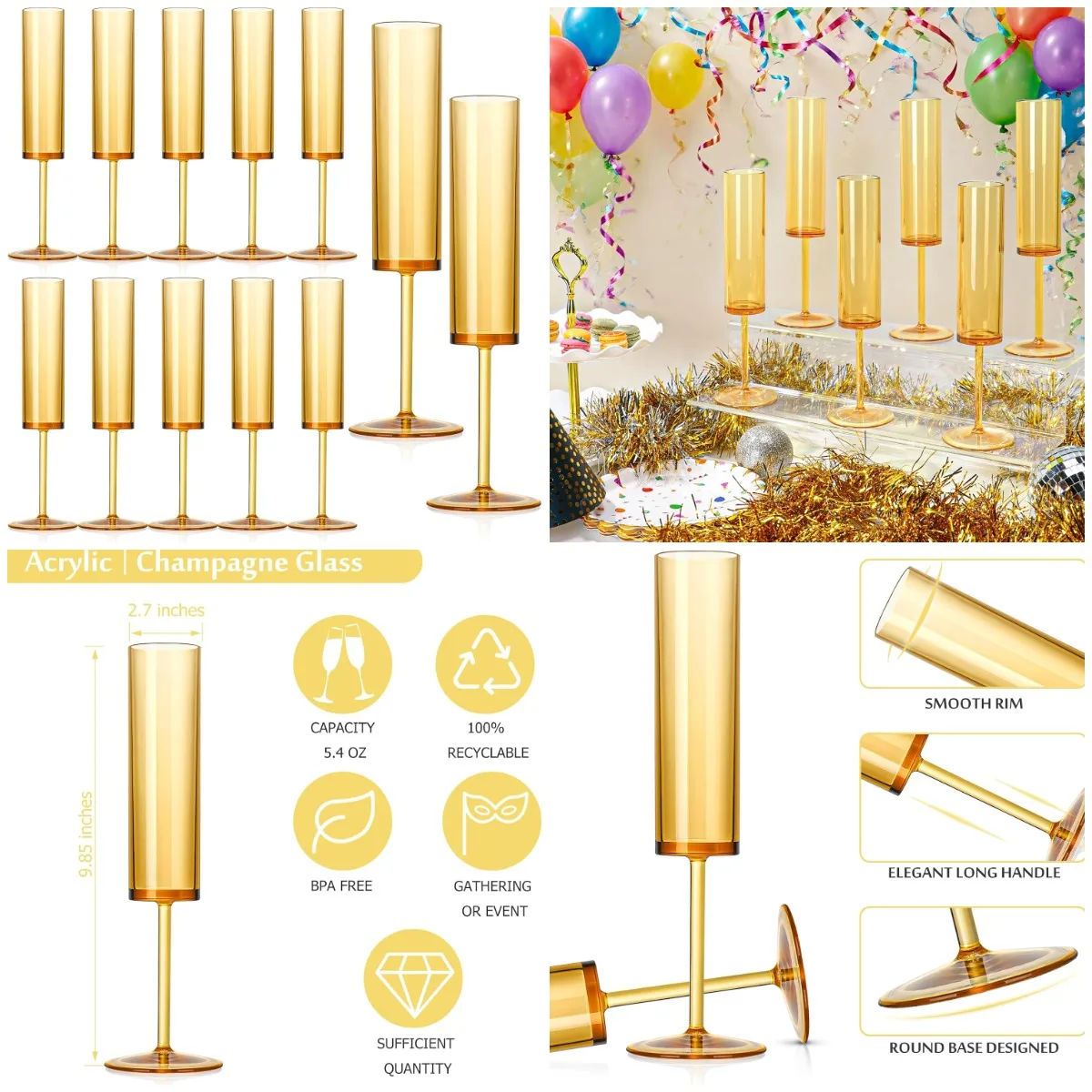 

12 PCS Amber Glass Champagne Flutes 5.4 Oz Long Stem Reusable for Wedding Party Bar