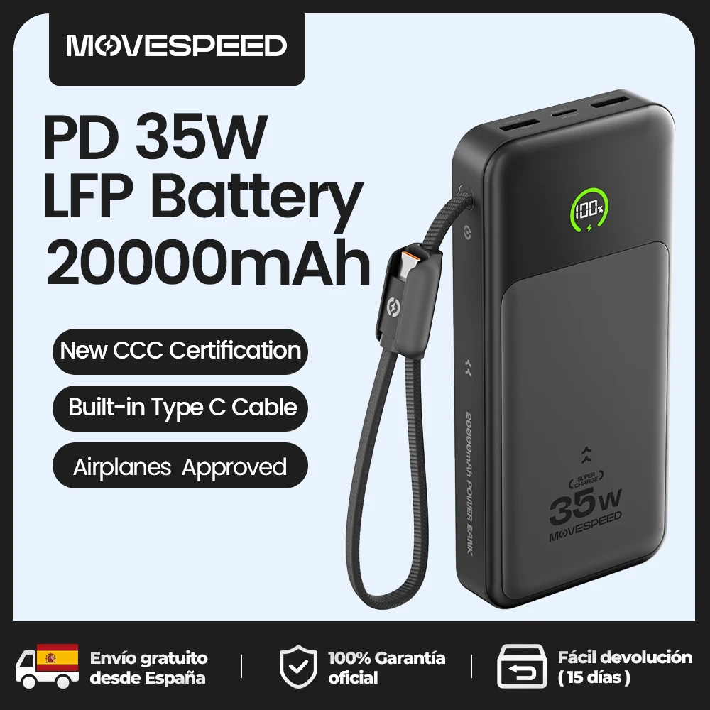 【CCC】MOVESPEED Blade-Shape Battery Power Bank 20000mAh 35W Chargeur externe à charge rapide pour iPhone Xiaomi Samsung
