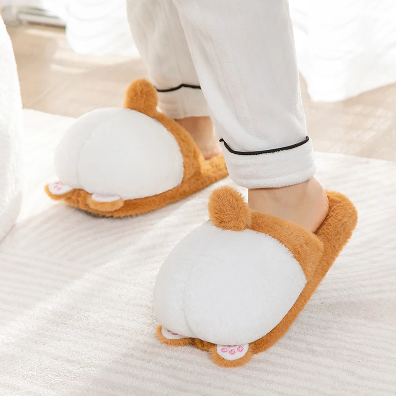 Plush Slippers Autumn and Winter Cotton Slippers Plush Warm Indoor Women Cute Corgi Hip Cotton Slippers Women