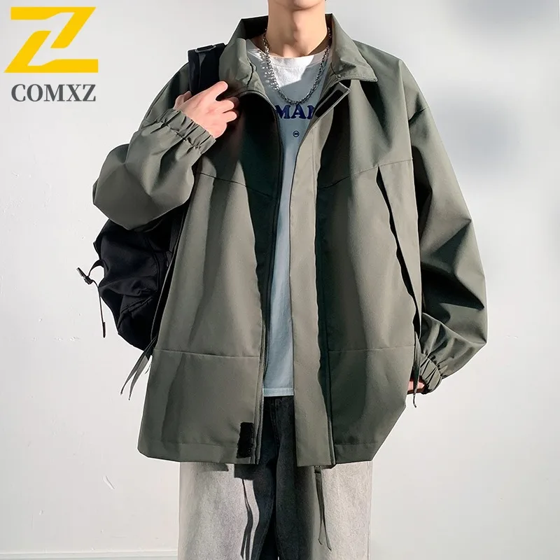 COMXZ 2025 Mens American Streetwear Stand Collar Workwear Jacket Casual Coat