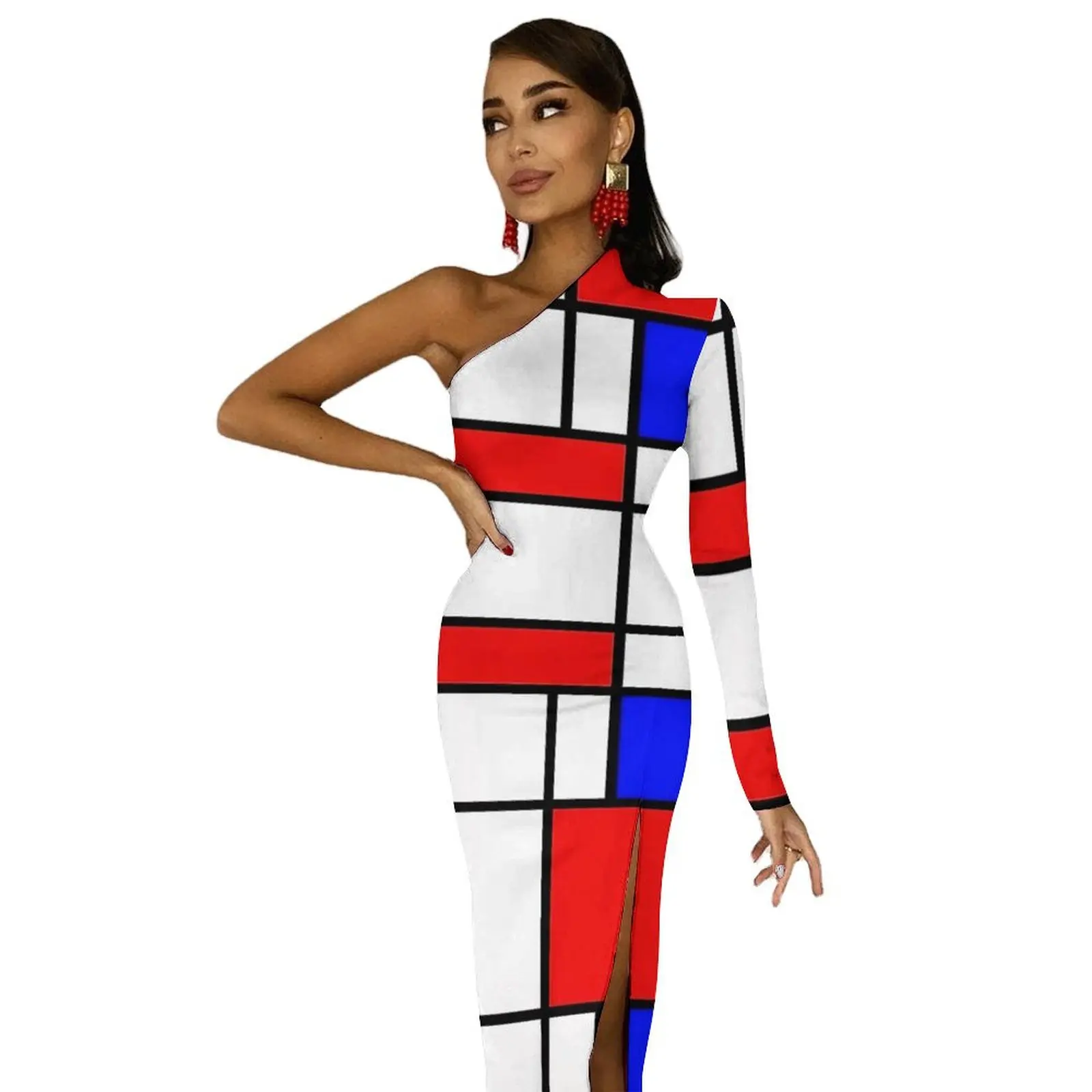 Mondrian vestido bodycon estampado colorido feminino vestido maxi moderno de um ombro vestidos personalizados para festa presente