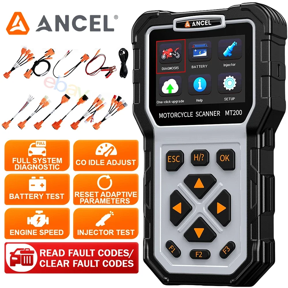ANCEL MT200 Motorcycle OBD2 Scanner Full System Diagnostic Tool Battery Test Injector Check Code Reader for Honda Yamaha Suzuki