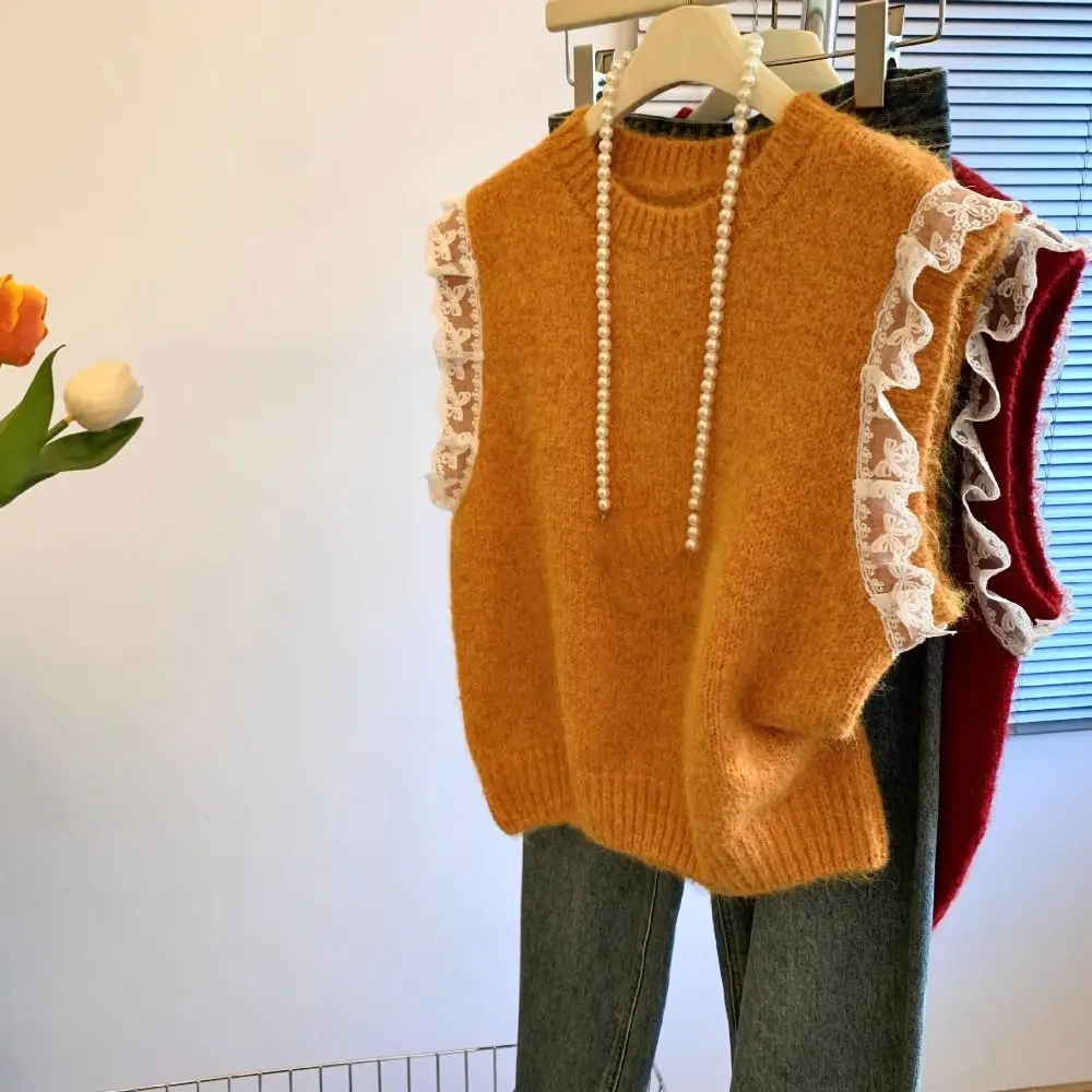 عادية جولة الرقبة الدانتيل سترة بلا أكمام بلون البلوز تريكو المرأة الكورية نمط الحلو محبوك صدرية الفتيات #3