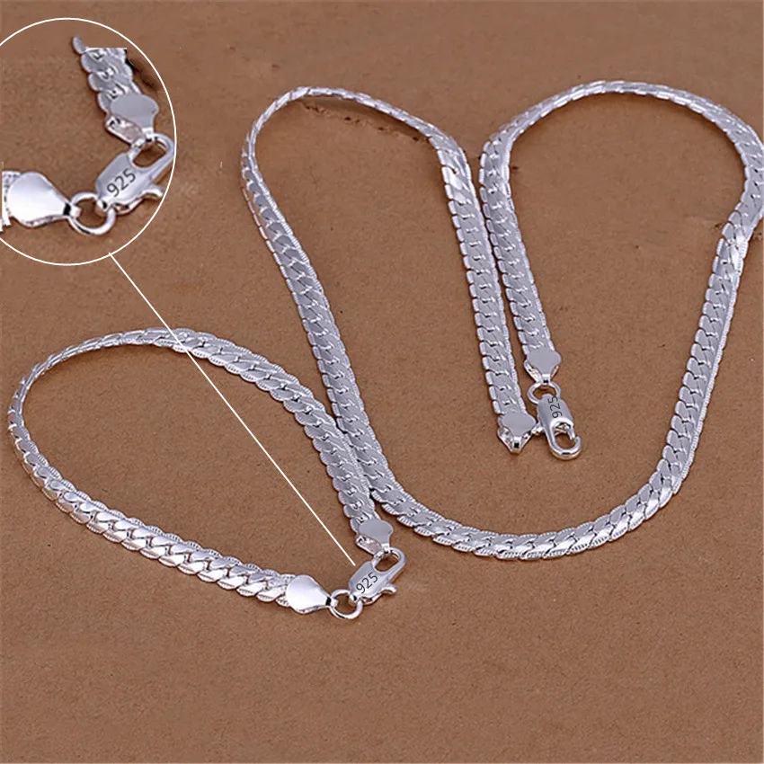 Ensembles de bijoux en argent regardé 925 pour hommes et femmes, collier plat, bracelets de style européen, cadeaux de Noël, mode, 6mm, S085