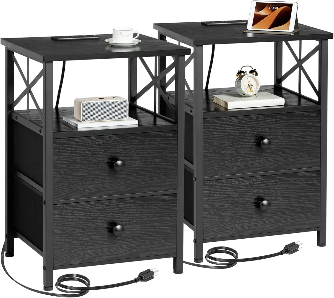 

Night Stand Set 2,with USB Ports and Outlets, Bedside Table with Fabric Drawers for Bedroom