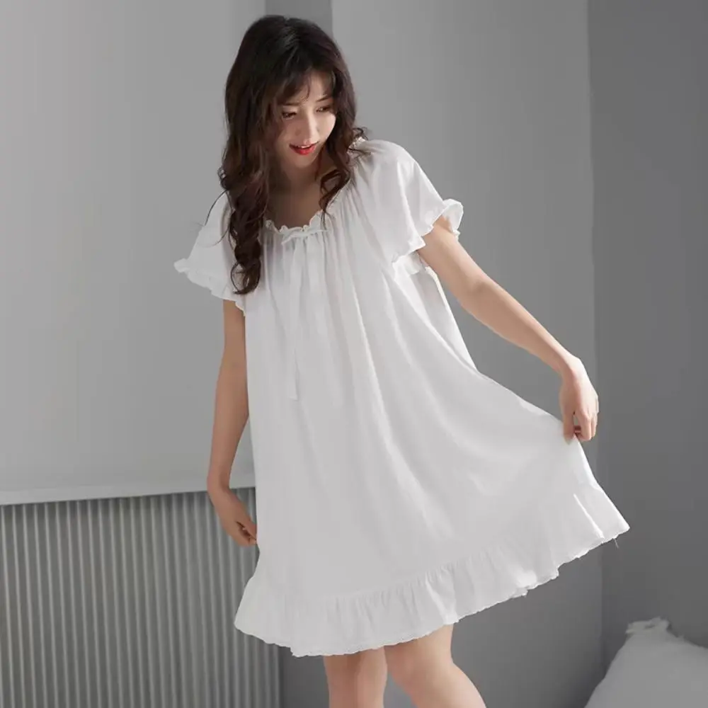 

Elegant Bowknot Women's Pajama Dress Loose Home Wear Ruffle Nightdress Short Sleeve Sleepwear Princess Nightgown Female