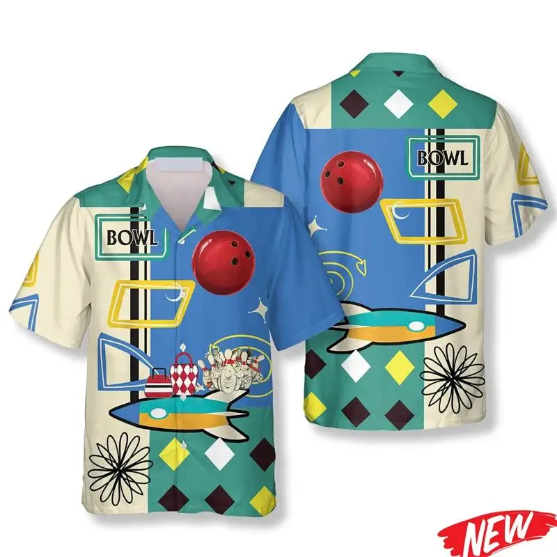 Classic Bowling Pattern Hawaiian Shirt For Men Summer Street Retro Short Sleeve 3d Printing Loose Sports Beach Lapel Shirt