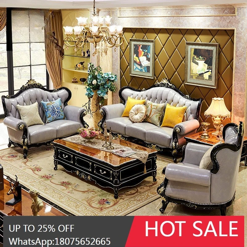 HLZ European Style Sofa Set Small Apartment Genuine Leather Sofa Solid Wood Living Room Complete Light Luxury Furniture