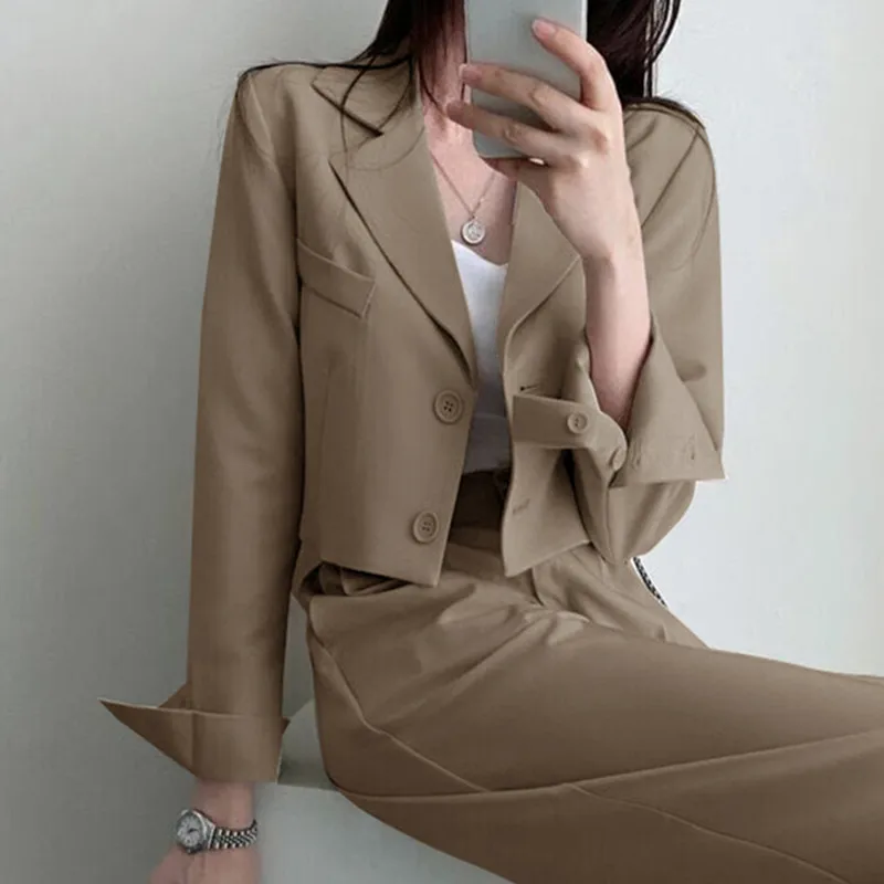 Autumn Fashion Pant Suits Women Korean Trend Commuting Loose Short Section Long-sleeved Suit Jacket Top Pants 2pcs Matching Set