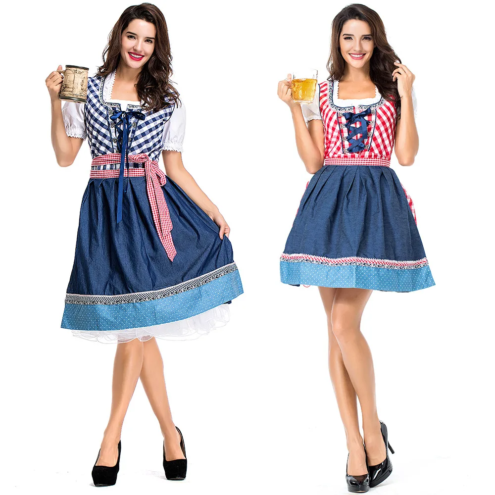 

Lace-Up Oktoberfest Plaid Dirndl Dress With Apron German Traditional Festival Bavarian Beer Costumes Carnival Party Dresses