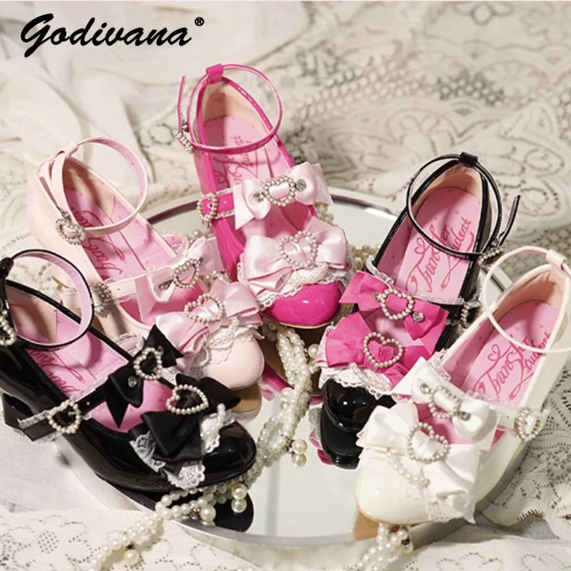 

Original Pearl Bow High Heels 2025 New Spring Girl Women's Lolita Mary Jane Pump Shoes Elegant Ladies Birthday Wedding Heels