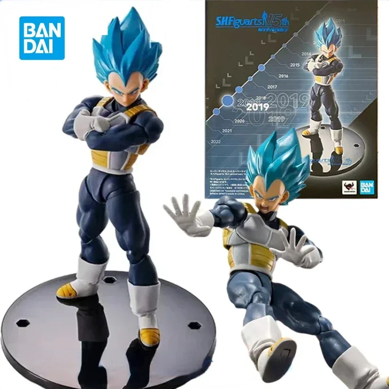 In Stock Original Bandai Dragon Ball SHF Saiyan God Vegeta Blue Red Hair Anime Action Figure 15th Anniversary Ver Toy PVC Gift