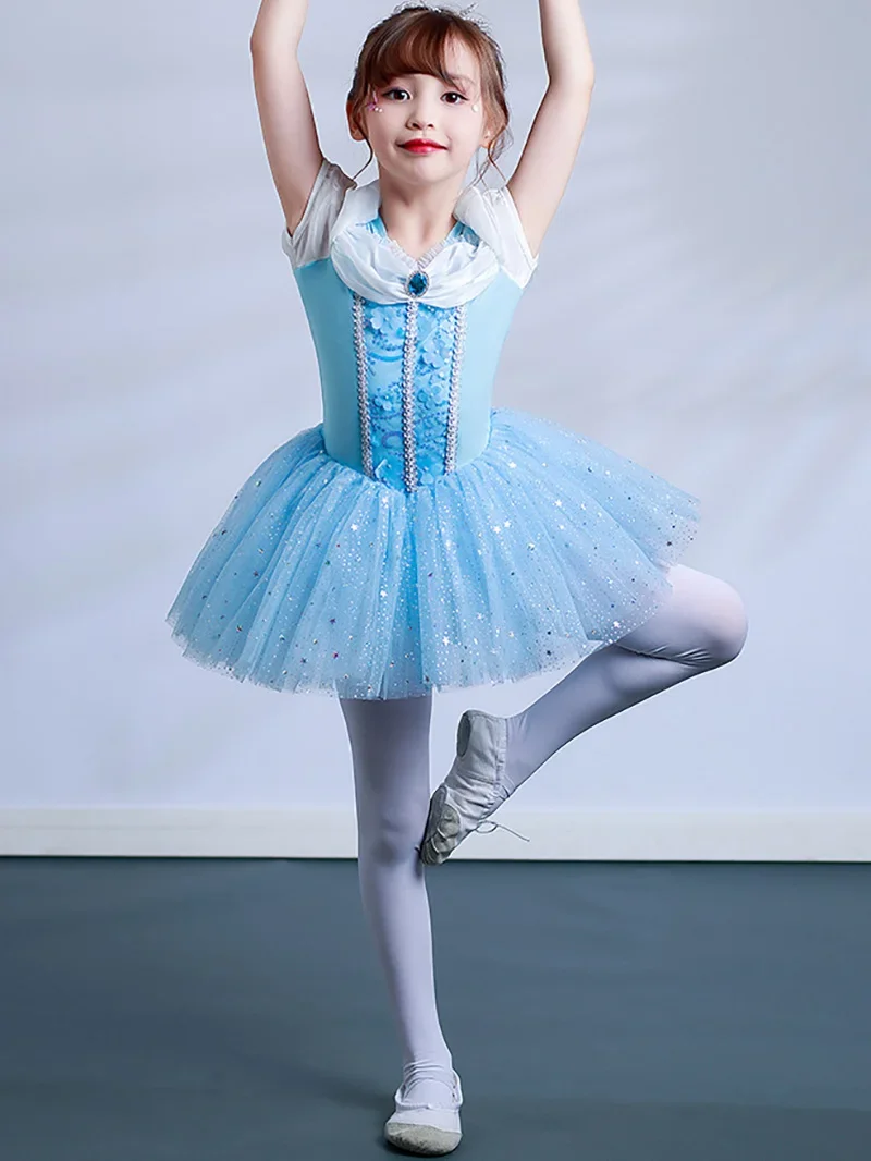 Vestido de bailarina para meninas, malha tutu, vestido bailarino azul, traje de balé, biela aberta, collant de ginástica de palco