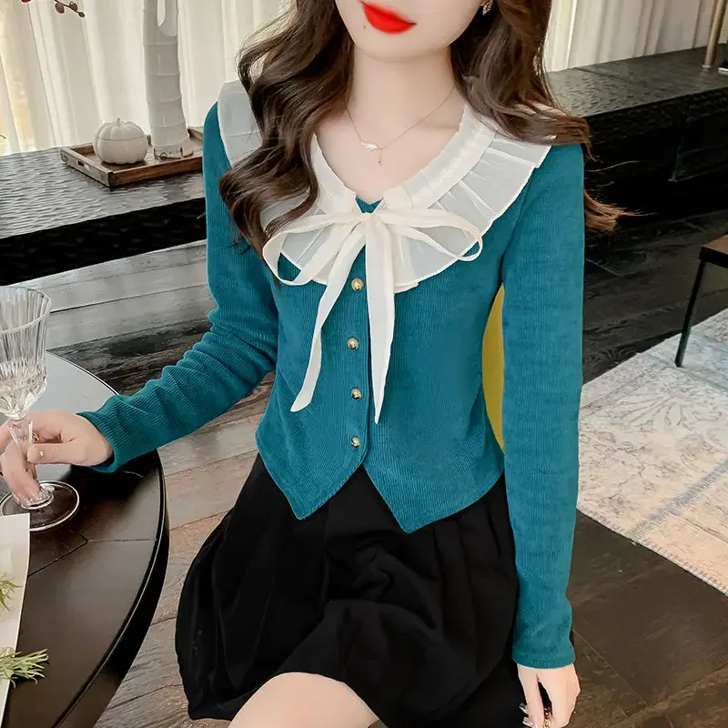 

Fashionable and Versatile Long-sleeved Top for Women Spring New Style French Hepburn Style Bow Chic Lace Collar Sweet Slimming