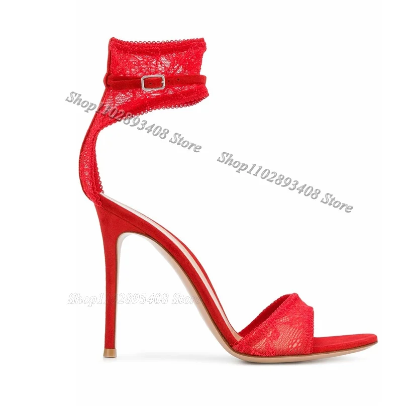 Sandalias de tacón de aguja de encaje de malla de aire rojo Para mujer, Zapatos de punta abierta, Zapatos de boda de moda, diseño de verano Para banquete, Zapatos Para mujer