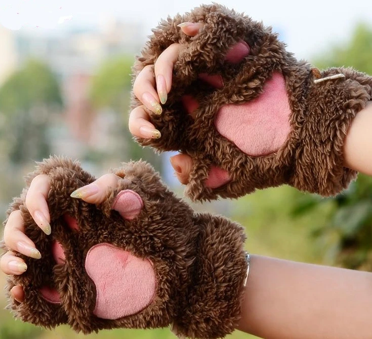 Soft Warm Plush Cat paw Gloves Fingerless Flip Half Finger Mittens Women Winter Cute Cat Paw Fluffy Velvet  Glove Girls Students