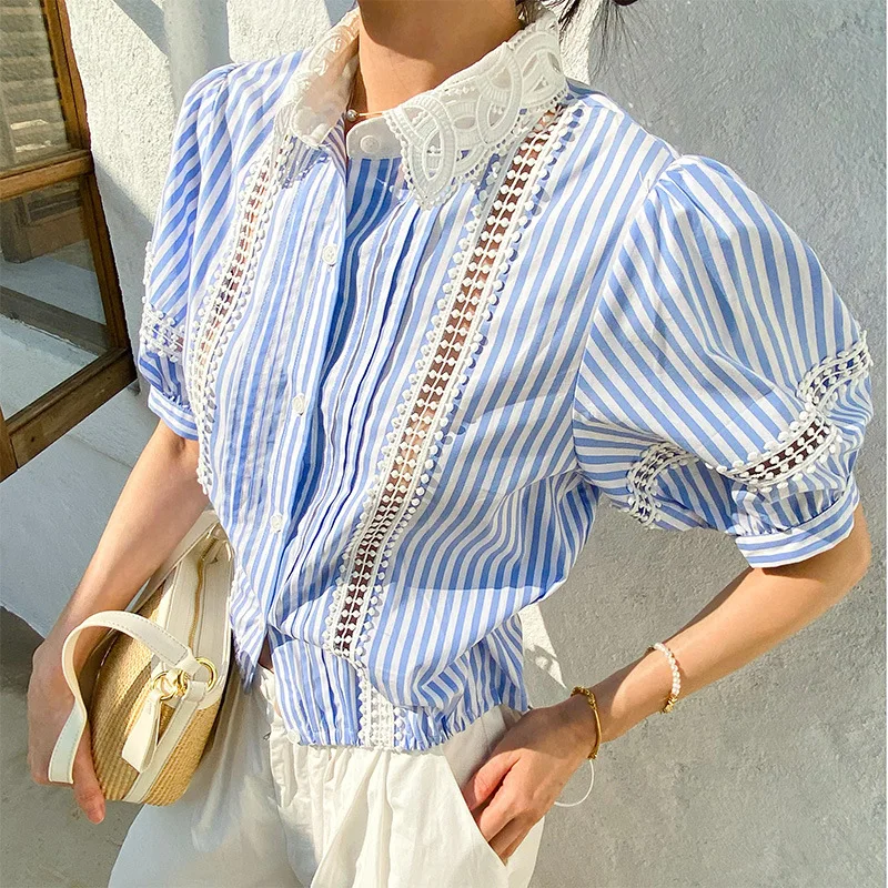 

French Striped Embroidered Blouse Lace Hollow-Out Short Sleeve Vacation Shirt 2025 Summer Trends Women Clothing