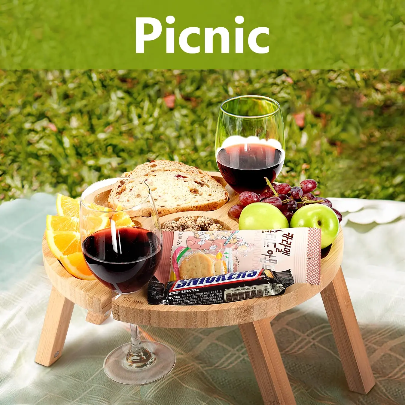 

Wooden Folding Picnic Table with Wine Glass Holder Portable Creative 2 in 1 Wine Glass Rack Compartmental Dish for Cheese Fruits