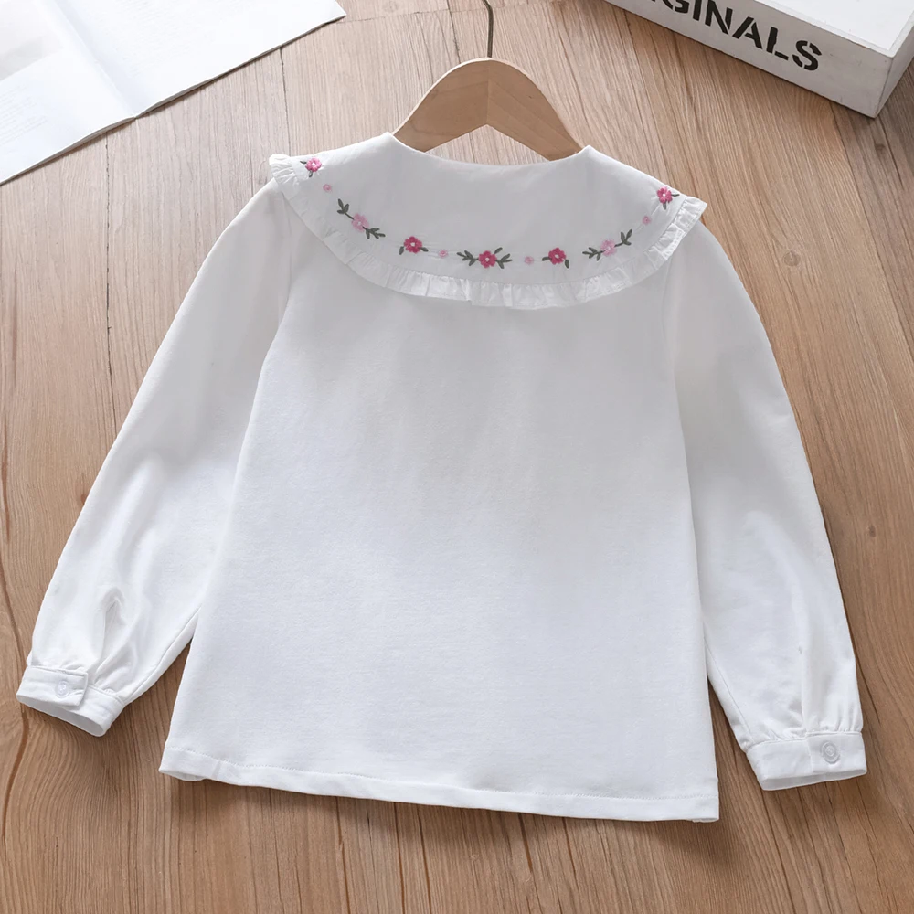 Girls\' Shirt 2025 Spring Autumn New Embroidered Floral Long Sleeve Blouse with Ruffled Collar Kids Clothes