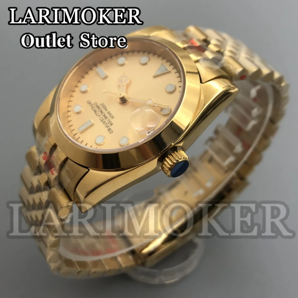 LARIMOKER Alle gouden coating kast 36 mm 39 mm Luxe automatisch herenhorloge Roestvrij staal NH35 Miyota 8215 PT5000 beweging