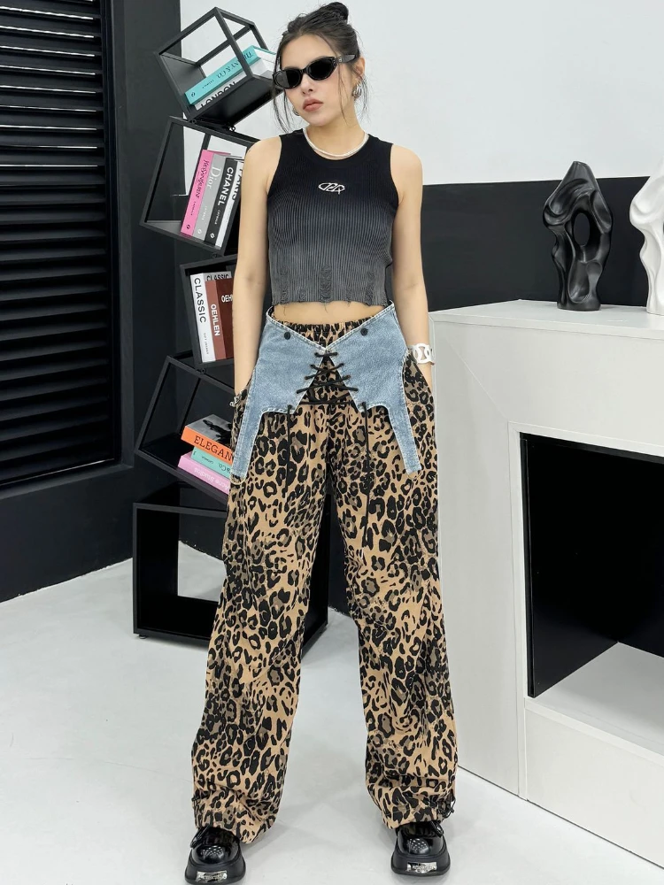 2024 Street High Waist Leopard Pattern Wide Leg Pants Women Summer High Quality Denim Splicing Loose Slim Casual Pants Trendy