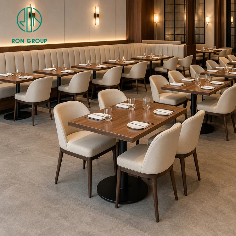 Ron Group Factory Direct Commercial Cafe Restaurant Furniture Square Wood Table L-Shaped Upholstered Booth Seating Leather Chair